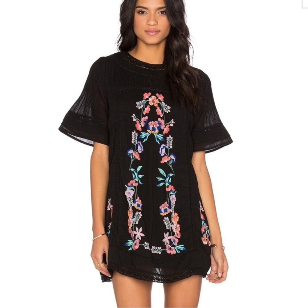 Free People Black Mini Dress with Multicolor Floral Embroidery